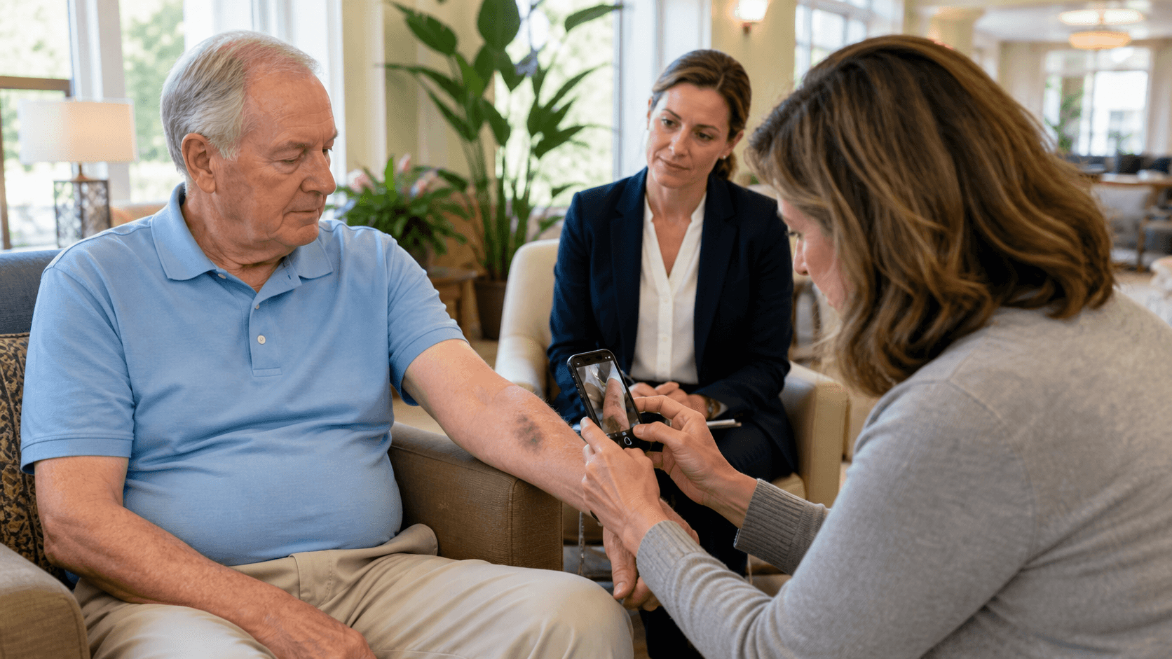 Elderly woman in a wheelchair beside a concerned caregiver in a softly lit nursing home room.