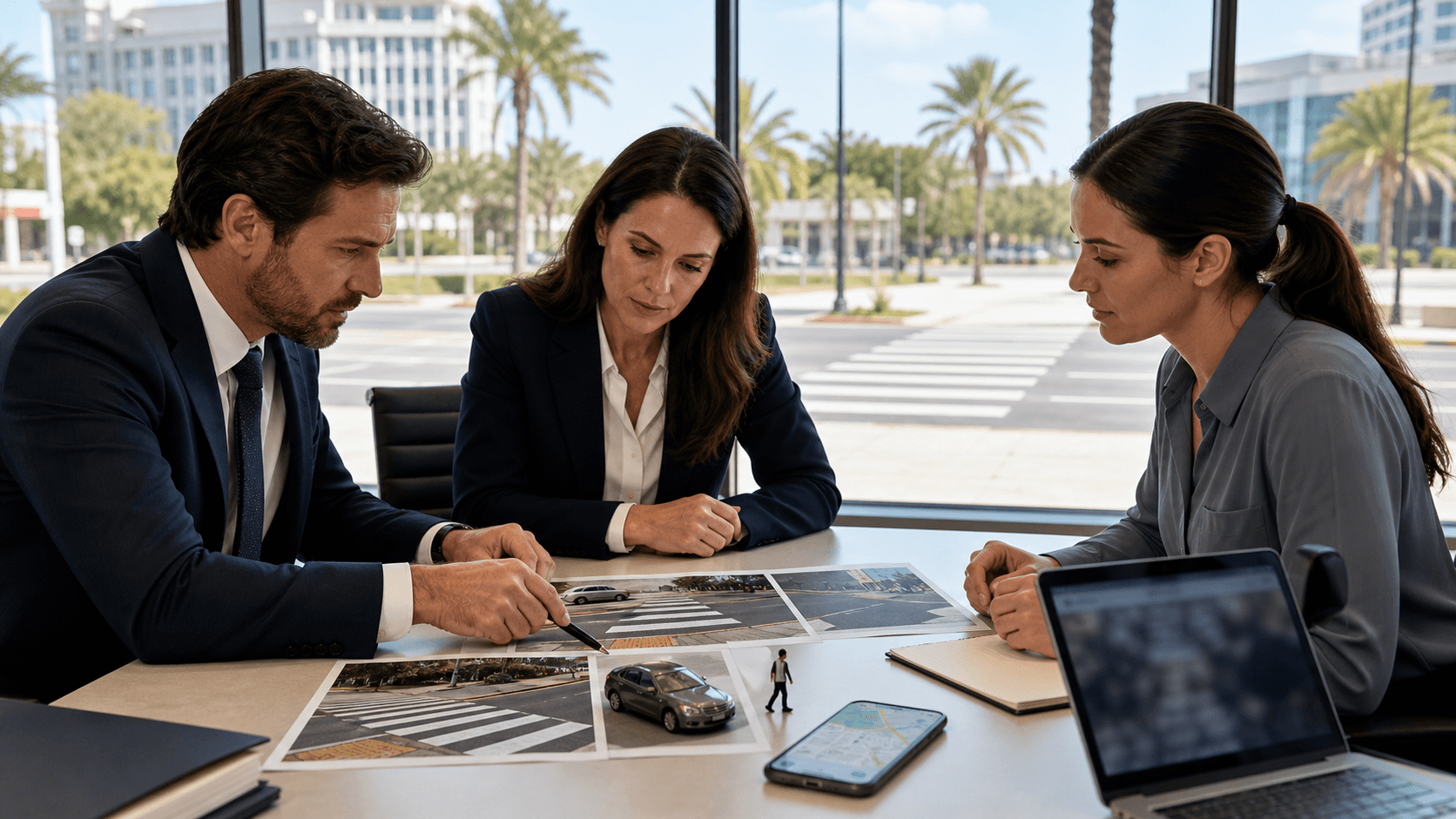 Nighttime city crosswalk with police lights reflecting on wet pavement, blurred traffic and pedestrians in silhouette