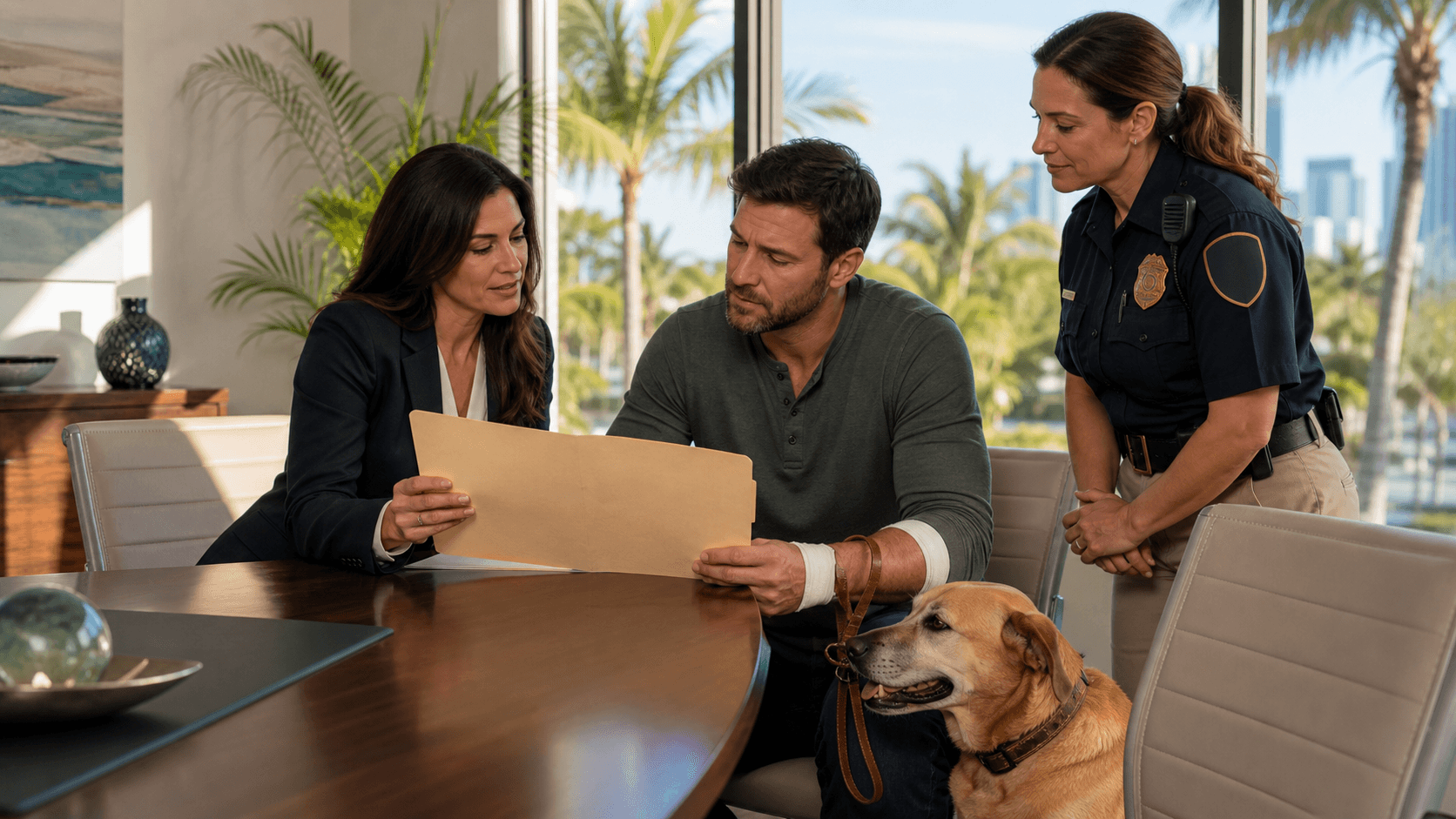 Attorney reviewing dog bite documents beside a leash and animal control report on a desk.