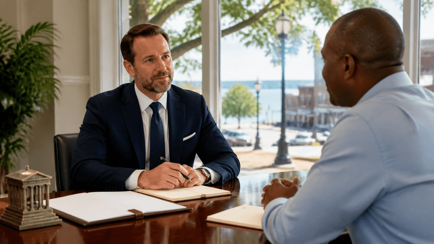 Confident attorney in a navy suit stands before a Jacksonville street map with warm sunlight.
