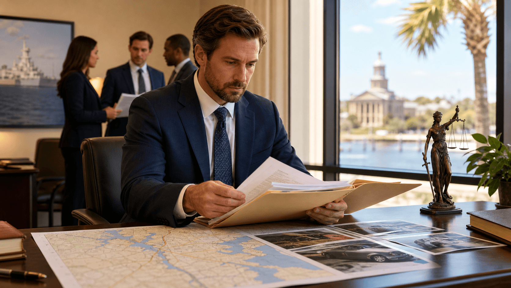 Attorney reviews case files beside a Jacksonville map and courthouse silhouette in warm daylight.