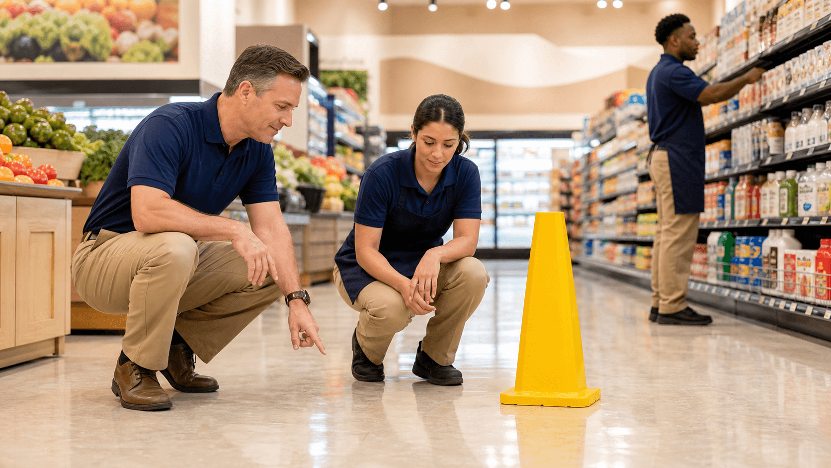 Brightly lit grocery store aisle with a yellow wet floor sign beside a puddle on tiled flooring.