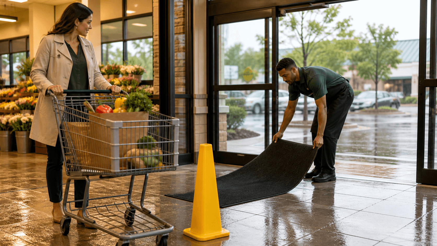 Rain-soaked store entrance with wet floor signs, puddles, and a shopper slipping near automatic doors.