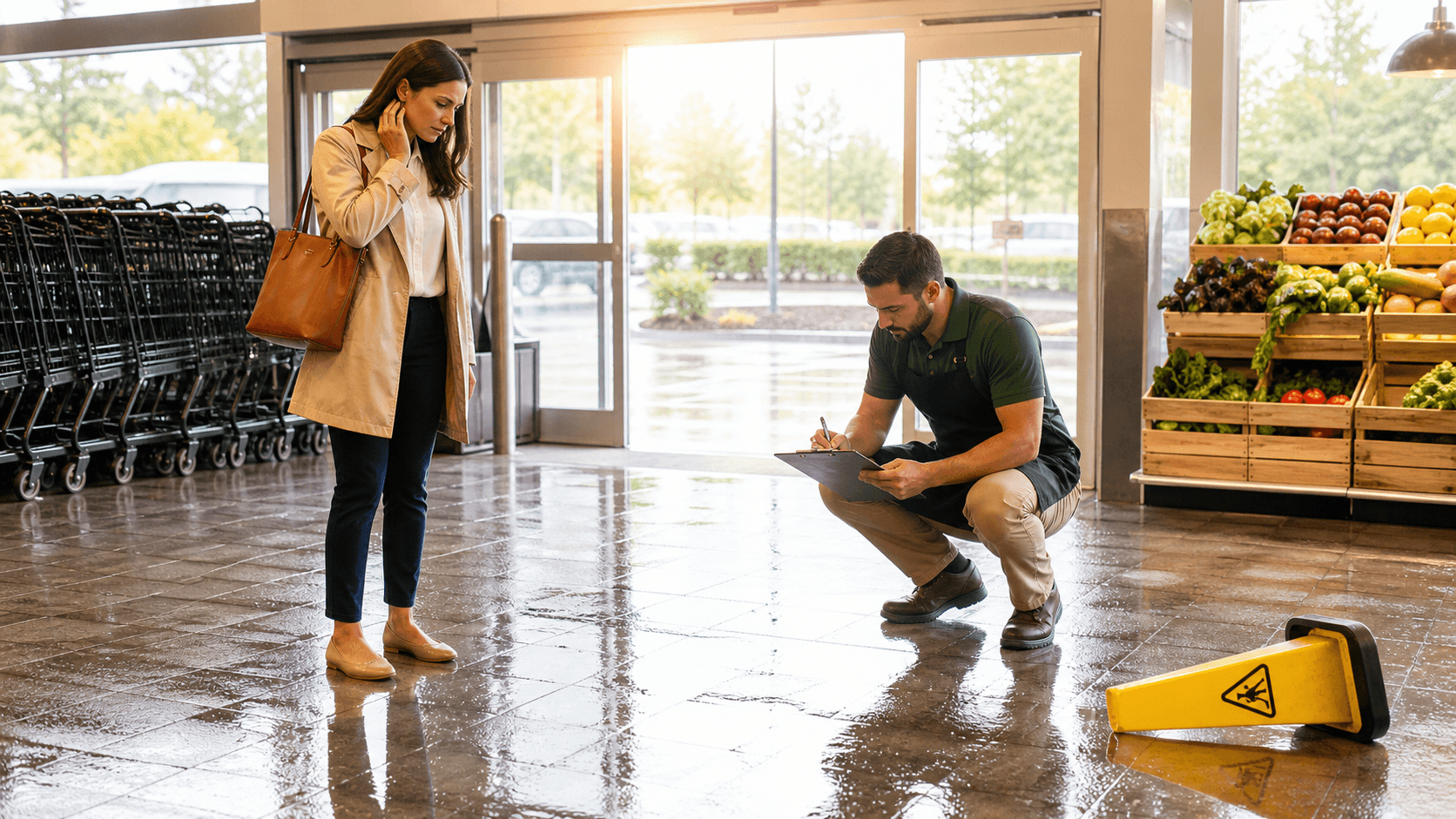 Wet grocery store floor with yellow caution sign under bright fluorescent lights, aisle shelves blurred behind.